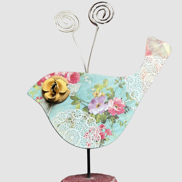 Wooden Bird with Floral & Lace Design 9.5" Wire Note Holder, EUC - Picture 3 of 5